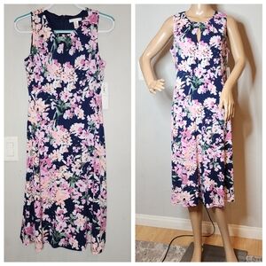 NWT London Times Stretch Blue Pink Floral Sleeveless Midi Dress size 10P
